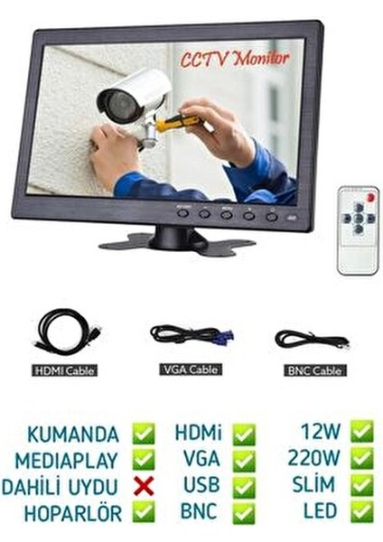 10 Inç Araç ve Televizyon LCD Bilgisayar Monitör Hdmı VGA Girişli Ekran