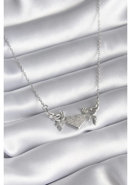 Bfs 316L Çelik Gümüş Renk Zirkon Taşlı Kanat Kalp Model Kadın Kolye