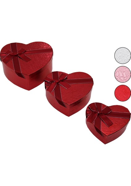 3pcs Kalp Parlak Renkli - Kabartma Desen Karton Hediye Kutusu Kurdelalı 15-18-21CM (5224)