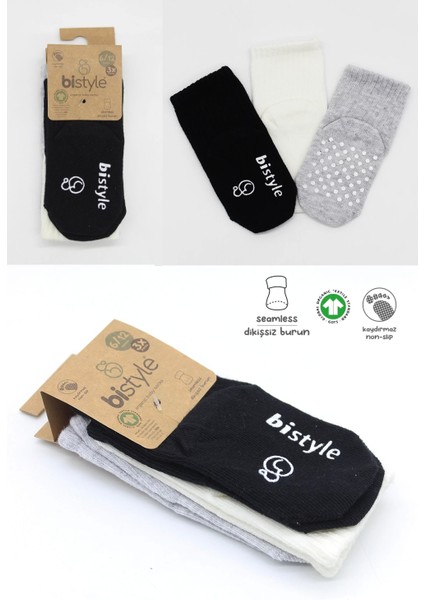 Bistyle Basic Kaymaz Penye Soket Çorap 3'lü BS10106 Siyah Ekru Gri