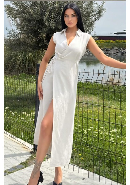 Bel Bağlamalı Keten Kadın Elbise