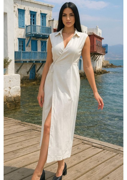 Bel Bağlamalı Keten Kadın Elbise modelleri