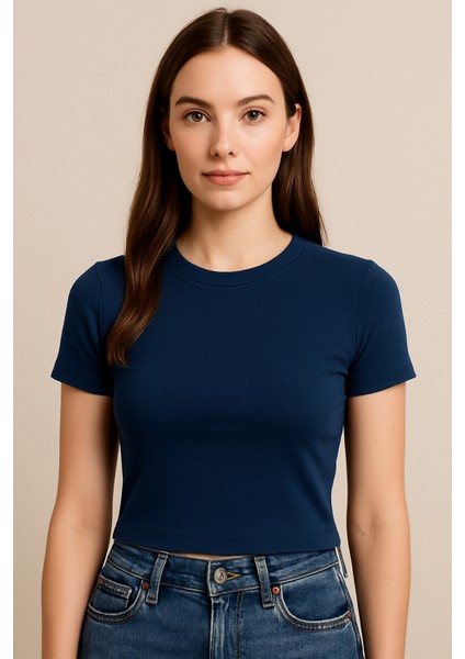 Sıfır Yaka Lacivert Modal Kumaş Kadın Crop