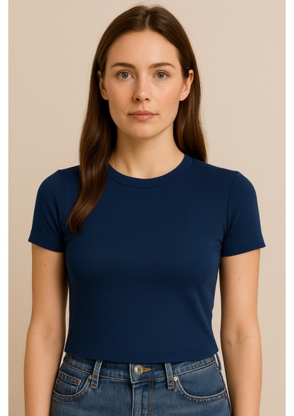 Sıfır Yaka Lacivert Modal Kumaş Kadın Crop fiyatları