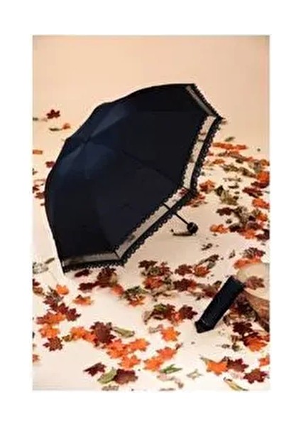 Siyah Kadın Şemsiye, Rüzgara Karşı Dayanıklı Fiber Gövdeli Pongee Kumaş Düz Kumaş