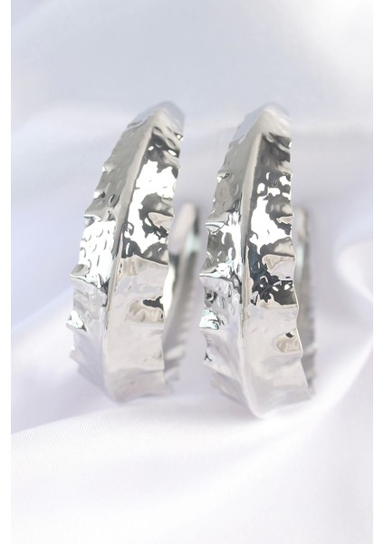 Bfs Pirinç Gümüş Renk Yaprak Desenli Halka Küpe