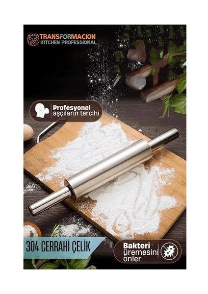 Çelik Merdane - Profesyonel Hamur Açma Merdanesi - 304 Paslanmaz Çelik Mutfak Merdanesi