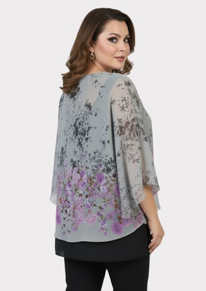 Büyük Gri Renkli Yarasa Kol Şifon Bluz modelleri