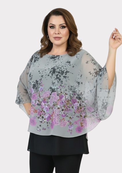 Büyük Gri Renkli Yarasa Kol Şifon Bluz