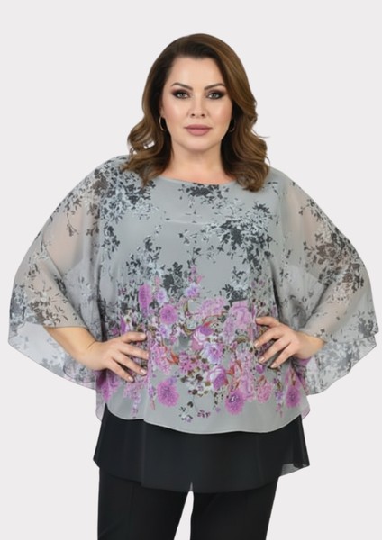 Büyük Gri Renkli Yarasa Kol Şifon Bluz modelleri