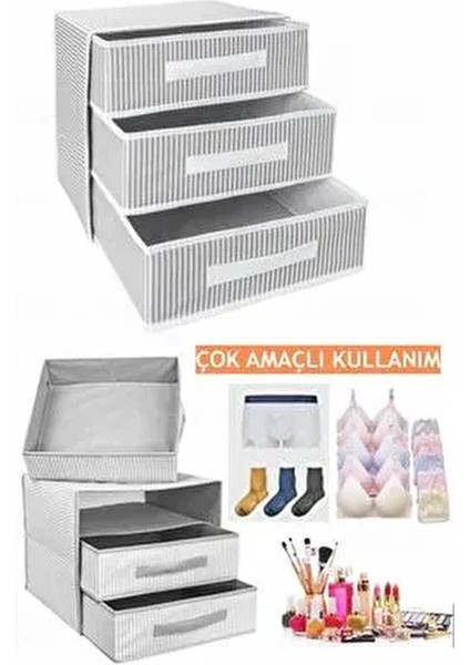 3 Gözlü 3 Katlı Düzenleyici Çekmece Içi Dolap Takı Çorap Eşarp Düzenleyici Organizer-Gri Çizgili