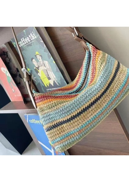Örgü Çanta, Kadınlar Için Yeni Klasik Renkli Gökkuşağı Saman Dolgulu Küçük Çanta, Niche Tarzı El Çantası (Yurt Dışından) fırsatları