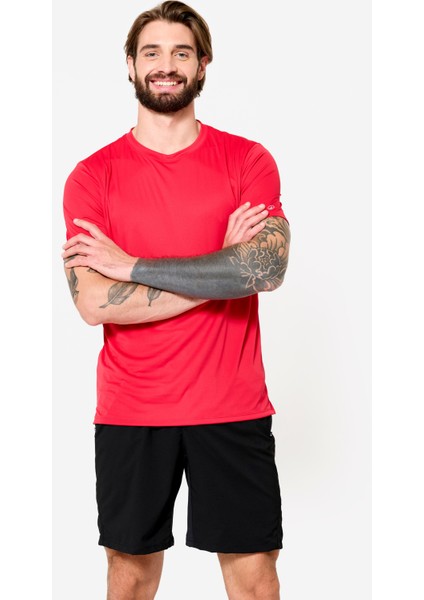 Domyos Erkek Kısa Kollu Fitness Tişörtü - Yuvarlak Yakalı - Kırmızı