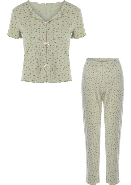 Kadın Kısa Kollu Fiyonklu Indigo Fitilli Pijama Takımı