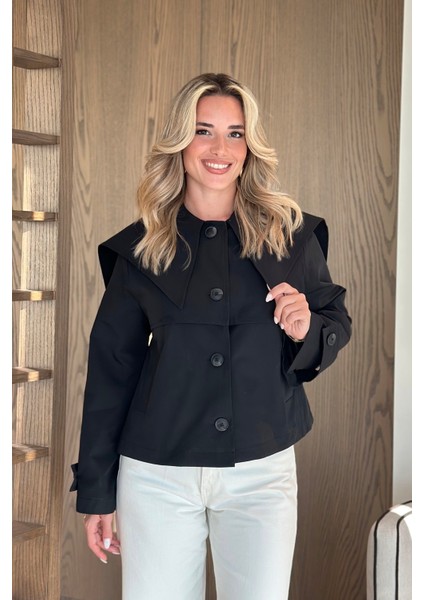 Siyah Sakura Geniş Yaka Kısa Trençkot - 7530