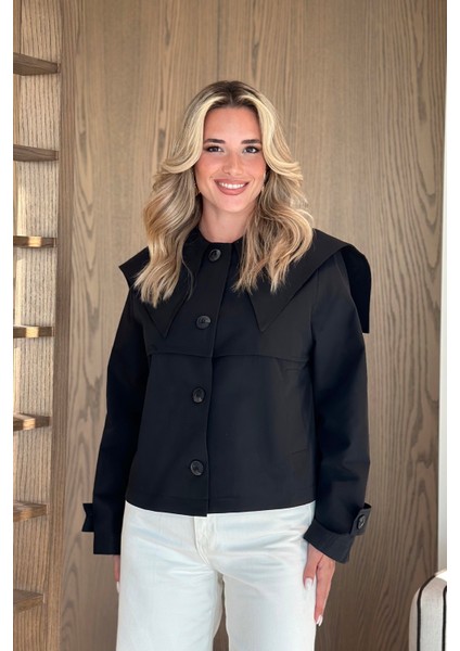 Siyah Sakura Geniş Yaka Kısa Trençkot - 7530 fiyatları