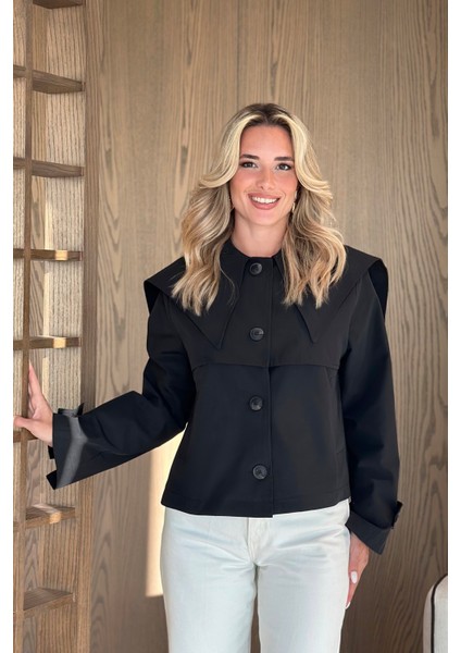 Siyah Sakura Geniş Yaka Kısa Trençkot - 7530 modelleri