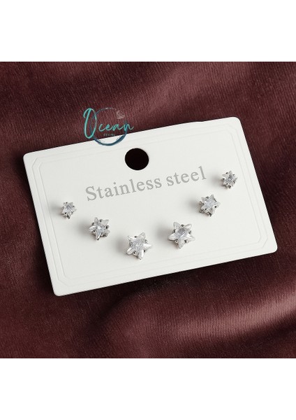 Çelik Gümüş Renk Zirkon Taşlı Yıldız Model Kadın Küpe Seti modelleri