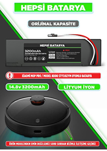 Xiaomi Mi Vacuum Mop Pro Uyumlu Akıllı Robot Süpürge Bataryası 14.8V 3200MAH Pil Model: STYTJ02YM