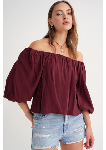 4706 Kadın Sırtı Açık Balon Kol Straplez Bluz Bordo