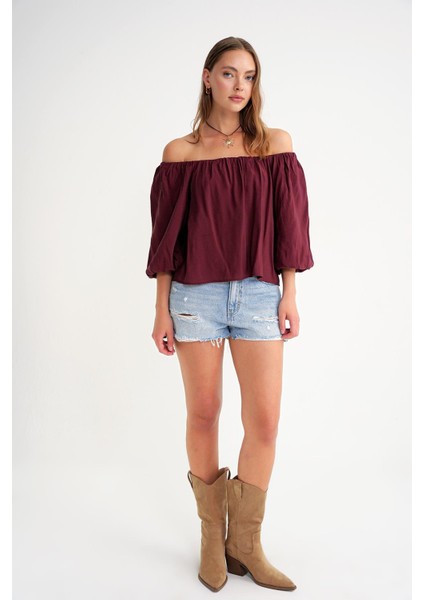 4706 Kadın Sırtı Açık Balon Kol Straplez Bluz Bordo fiyatları