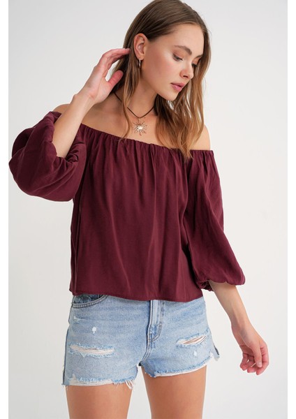 4706 Kadın Sırtı Açık Balon Kol Straplez Bluz Bordo modelleri