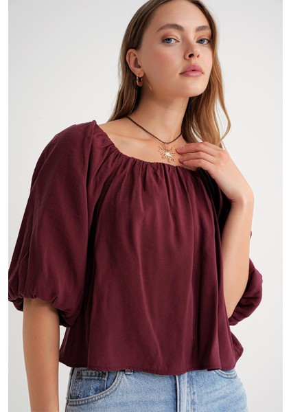 4706 Kadın Sırtı Açık Balon Kol Straplez Bluz Bordo fırsatları