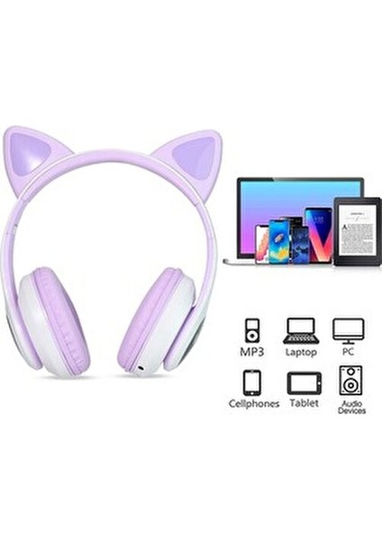 Bluetooth Kablosuz Kulaküstü Kedi Desenli Şık Renkli Sevimli Kulaklık Hafıza Kart ve Aux Girişli modelleri