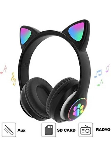 Bluetooth Kablosuz Kulaküstü Kedi Desenli Şık Renkli Sevimli Kulaklık Hafıza Kart ve Aux Girişli fırsatları