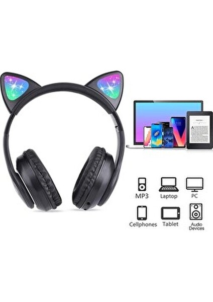 Bluetooth Kablosuz Kulaküstü Kedi Desenli Şık Renkli Sevimli Kulaklık Hafıza Kart ve Aux Girişli indirimleri