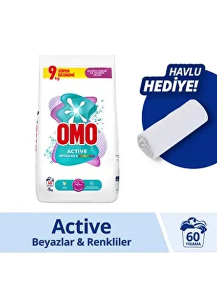 Active Toz Çamaşır Deterjanı Beyazlar ve Renkliler 9 kg X1 Havlu Hediye