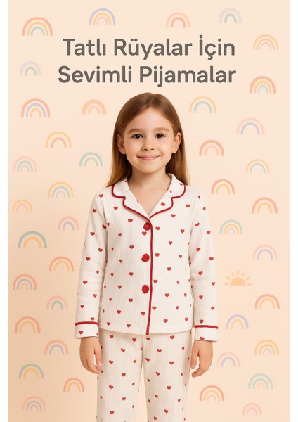 Kız Çocuk Kalpli Önden Düğmeli Pamuklu Pijama Takımı