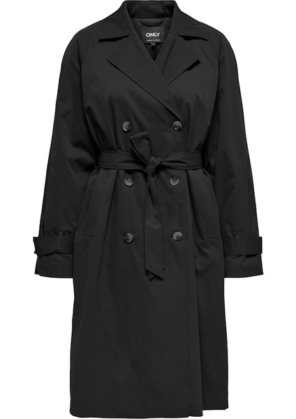 Kadın Belden Bağlamalı Siyah Uzun Trençkot - 15355443