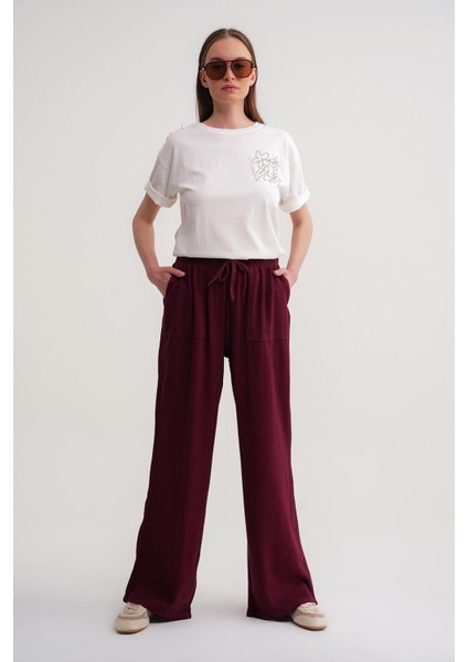 4629 Kadın Bol Paça Yüksek Bel Viskon Palazzo Pantolon Bordo