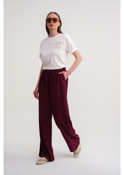 4629 Kadın Bol Paça Yüksek Bel Viskon Palazzo Pantolon Bordo modelleri