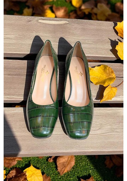 Yeşil Krokodil Hakiki Deri Topuklu Ayakkabı