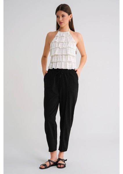 4436 Kadın Keten Çımalı Şalvar Pantolon Siyah