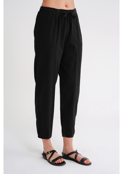 4436 Kadın Keten Çımalı Şalvar Pantolon Siyah indirimleri