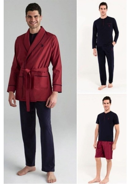 12000 Erkek Bordo Sabahlık Pijama Şort 5'li Set Takım