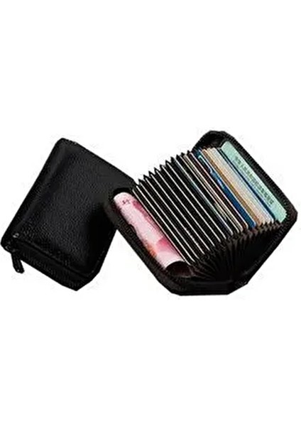 Unisex 20 Bölmeli Siyah Fermuarlı Siyah Deri Kredi Kartlık Cüzdan