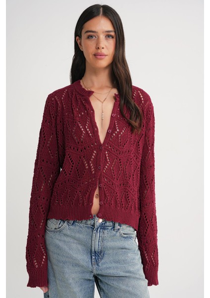 6934 Kadın Baklava Desenli Mevsimlik Ajurlu Hırka Bordo