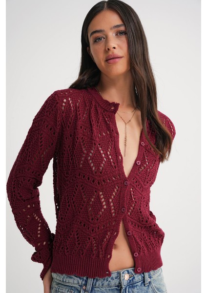 6934 Kadın Baklava Desenli Mevsimlik Ajurlu Hırka Bordo fiyatları