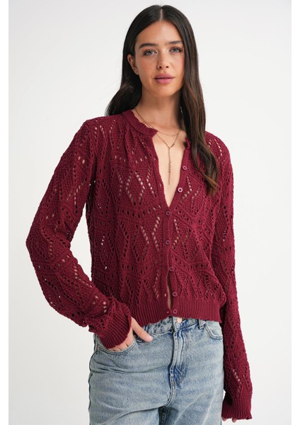 6934 Kadın Baklava Desenli Mevsimlik Ajurlu Hırka Bordo modelleri