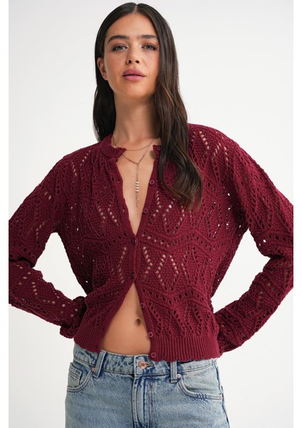 6934 Kadın Baklava Desenli Mevsimlik Ajurlu Hırka Bordo fırsatları