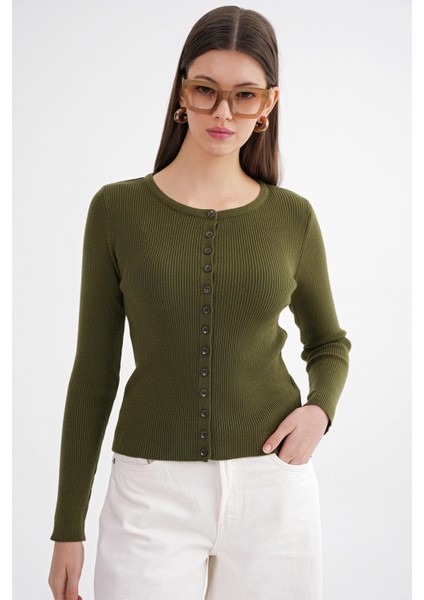 6931 Kadın Düğmeli Fitilli Triko Hırka Haki
