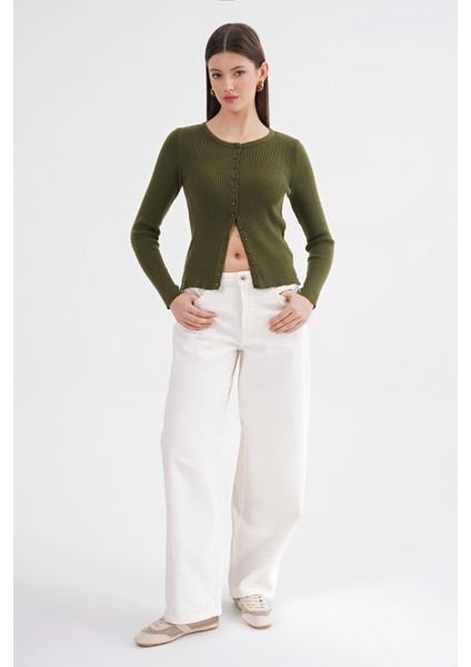 6931 Kadın Düğmeli Fitilli Triko Hırka Haki fiyatları