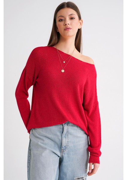 6933 Kadın Kayık Yaka Ince Mevsimlik Triko Kazak Kırmızı