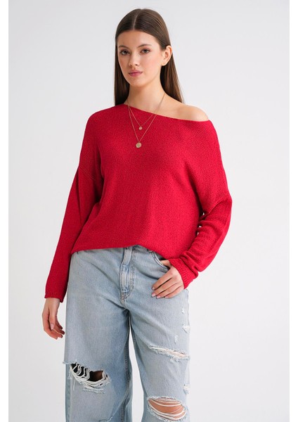 6933 Kadın Kayık Yaka Ince Mevsimlik Triko Kazak Kırmızı fiyatları