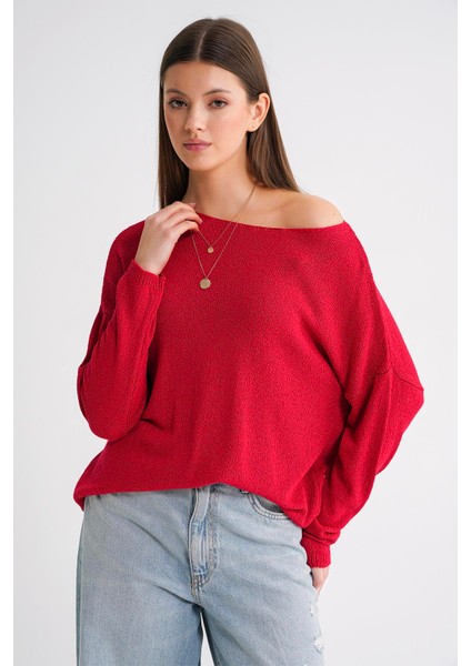 6933 Kadın Kayık Yaka Ince Mevsimlik Triko Kazak Kırmızı modelleri