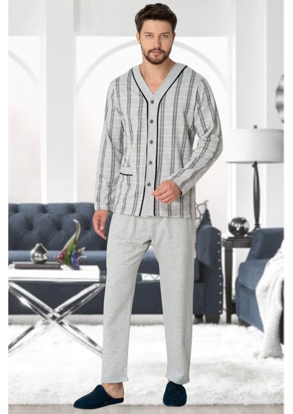 Mecit 2767 Gri Önden Düğmeli Büyük Beden Erkek Pijama Takımı